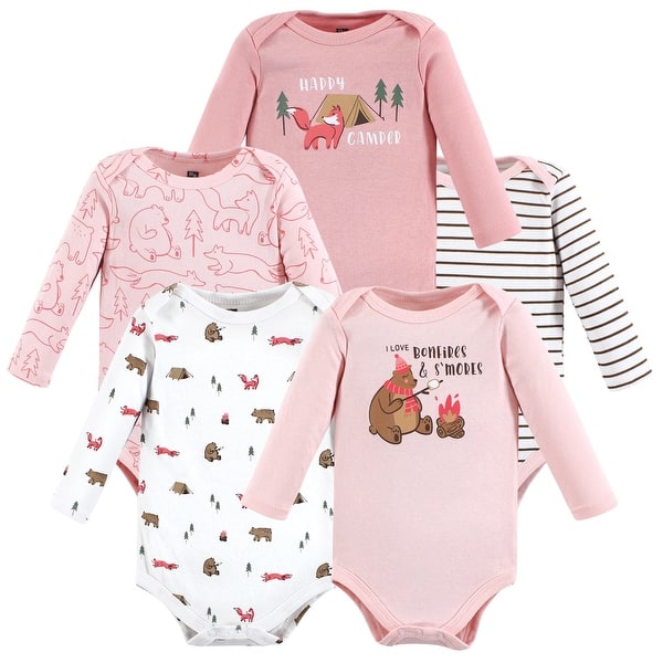 slide 1 of 1, Hudson Baby Infant Girls Cotton Long-Sleeve Bodysuits, Girl Camping Animals 0-3 Months - Girl Camping Animals