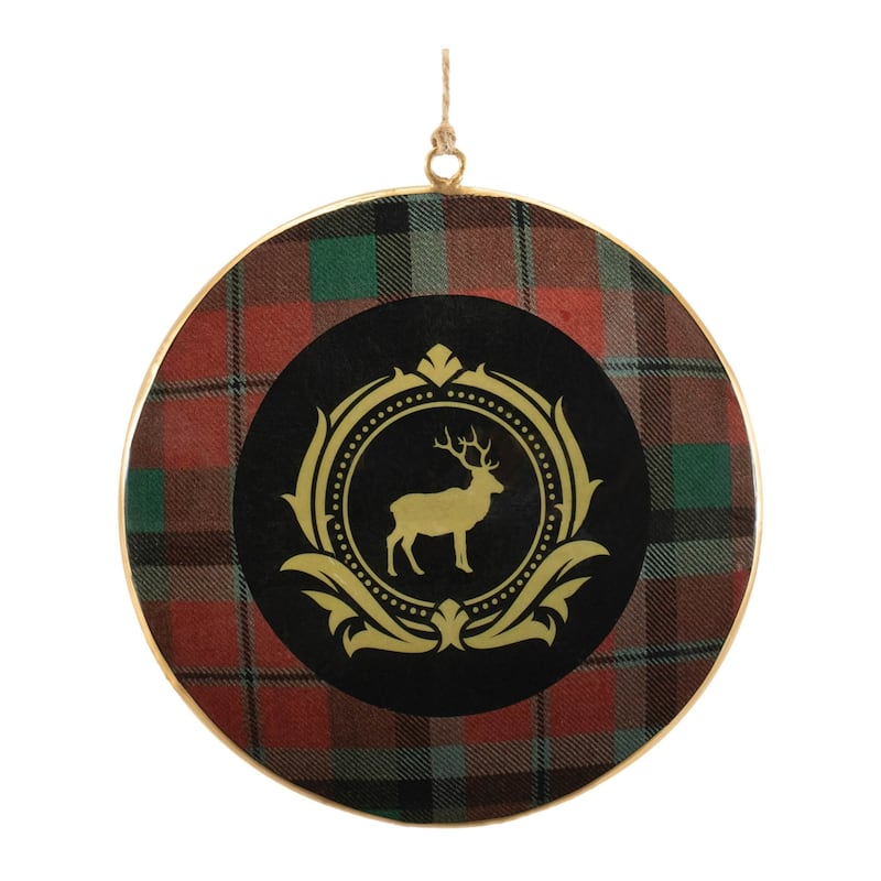 Metal Deer and Pine Tree Plaid Christmas Disc Ornaments - 6" - 6ct
