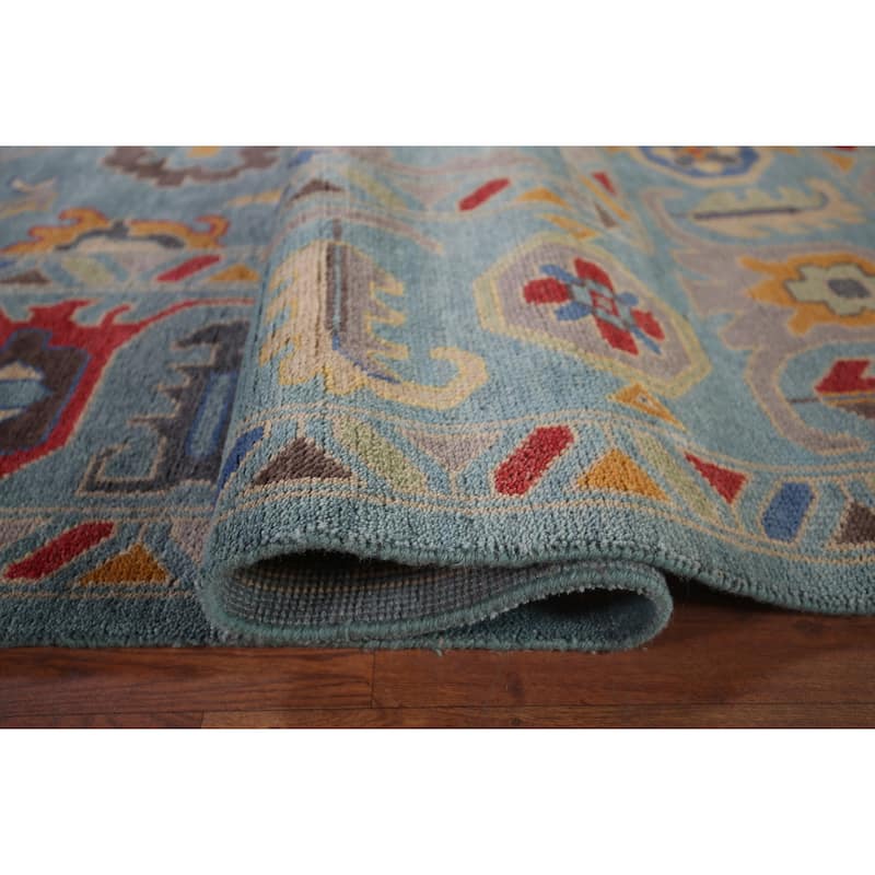 Light Blue Oushak Indian Area Rug Hand-Knotted Floral Wool Carpet - 8'11"x 11'11"