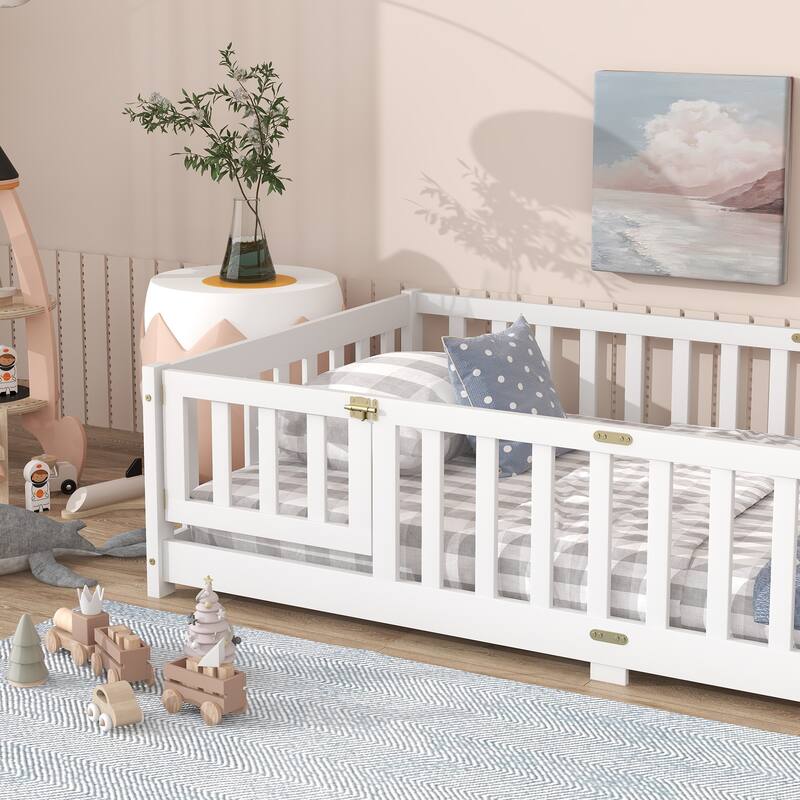 Roomfitters Twin/Full/Queen Rubber Wood Floor Bed with Fence and Swing Door, Safety Guardrails, Low Profile Design