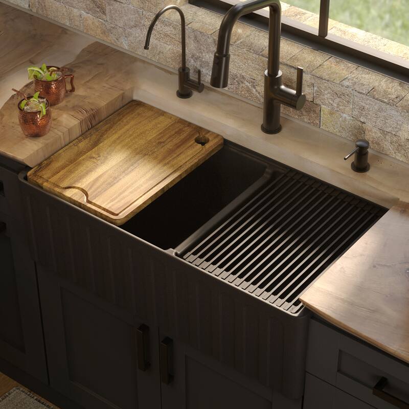 Karran 33" Double Bowl Workstation Fireclay Kitchen Sink with Reversible Fluted Apron Front