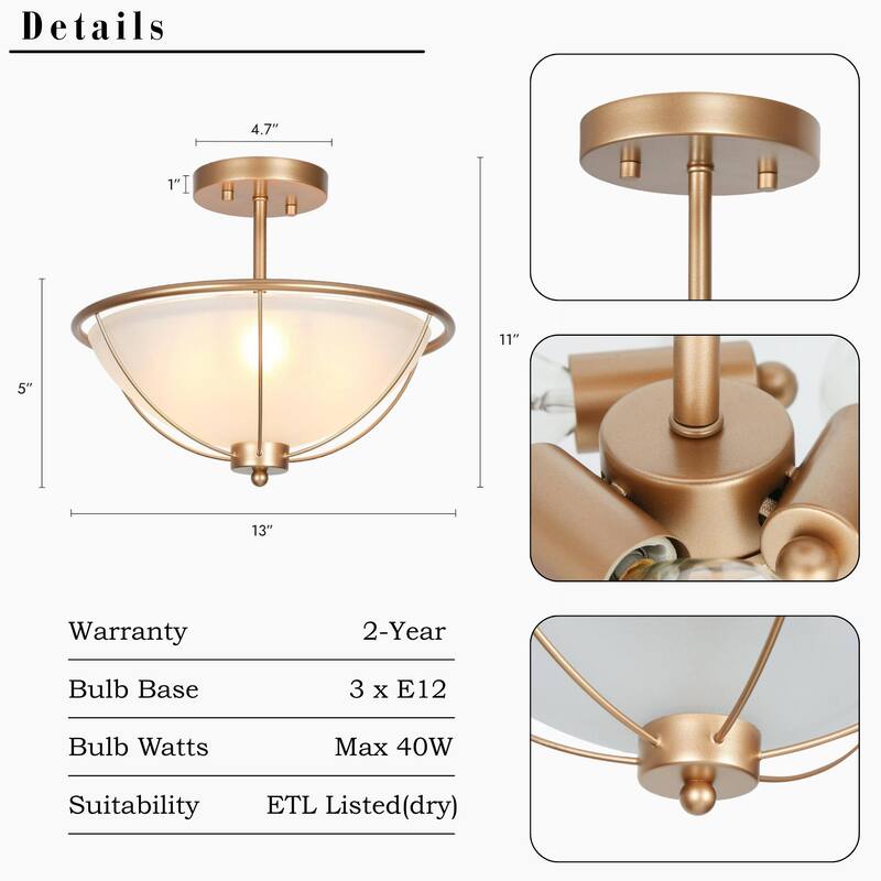 Mid-Century Modern 3-Light Gold Semi-Flush Mount Ceiling Frosted Glass Light for Kitchen - 13" D x 11" H