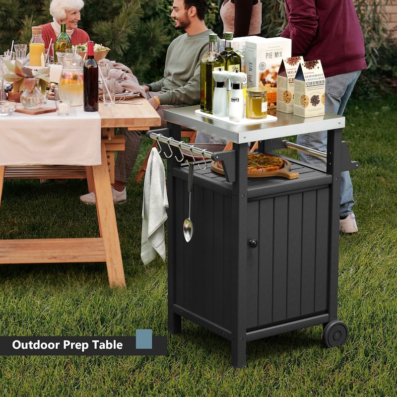 Barbecue/Grill Side Table Trolley, Outdoor Prep Dining Table Serving Cart with 304 Stainless Steel Top-HDPE
