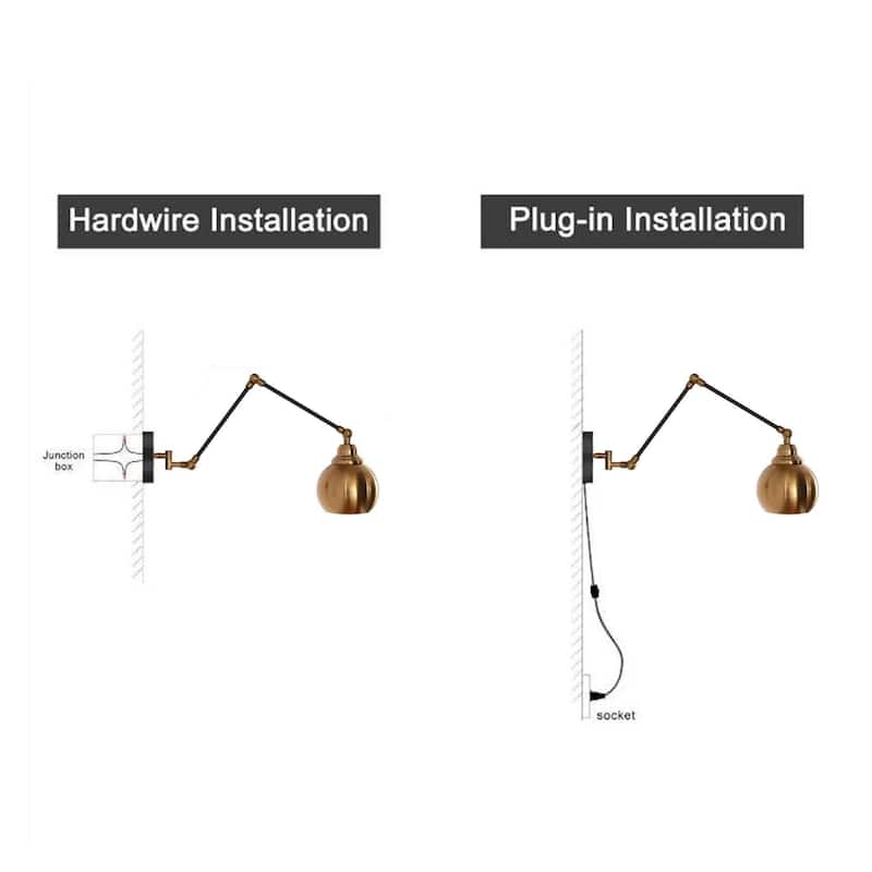 Marden Mid-Century Modern 1-Light Black Gold Swing Arm Lights Plug-in/ Hardwired Wall Sconce - L 5.5"x W 15.5"x H 17.5"