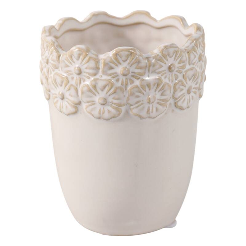 Ceramic Decorative Storage Container Ornate Embossed Floral Rim - 3.25" x 3.25" x 4.25"