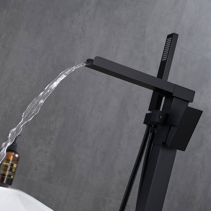 Freestanding Black Bathtub Faucet Tub Filler, Floor Mount Single Handle Bathroom Faucets with Hand Shower