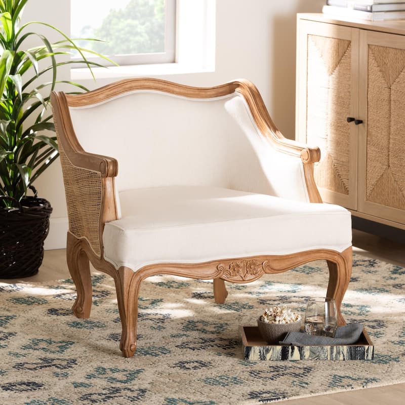 bali & pari Sylvestra Traditional French Beige Fabric and Honey Oak Finished Wood Low Seat Accent Chair
