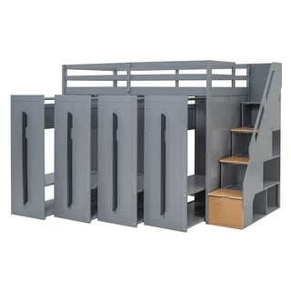 Twin Size Loft Bed with Storage Stairs and Wardrobes, Grey