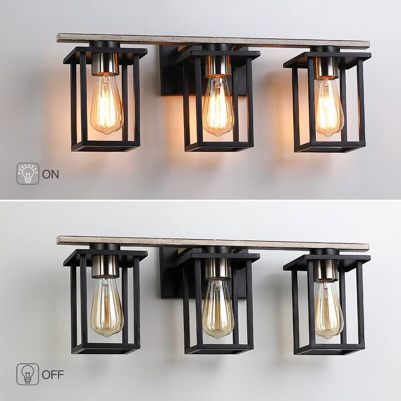 Matt Black/Wood Tone Rustic Farmhouse Bathroom Vanity Light with Open Cage Shades
