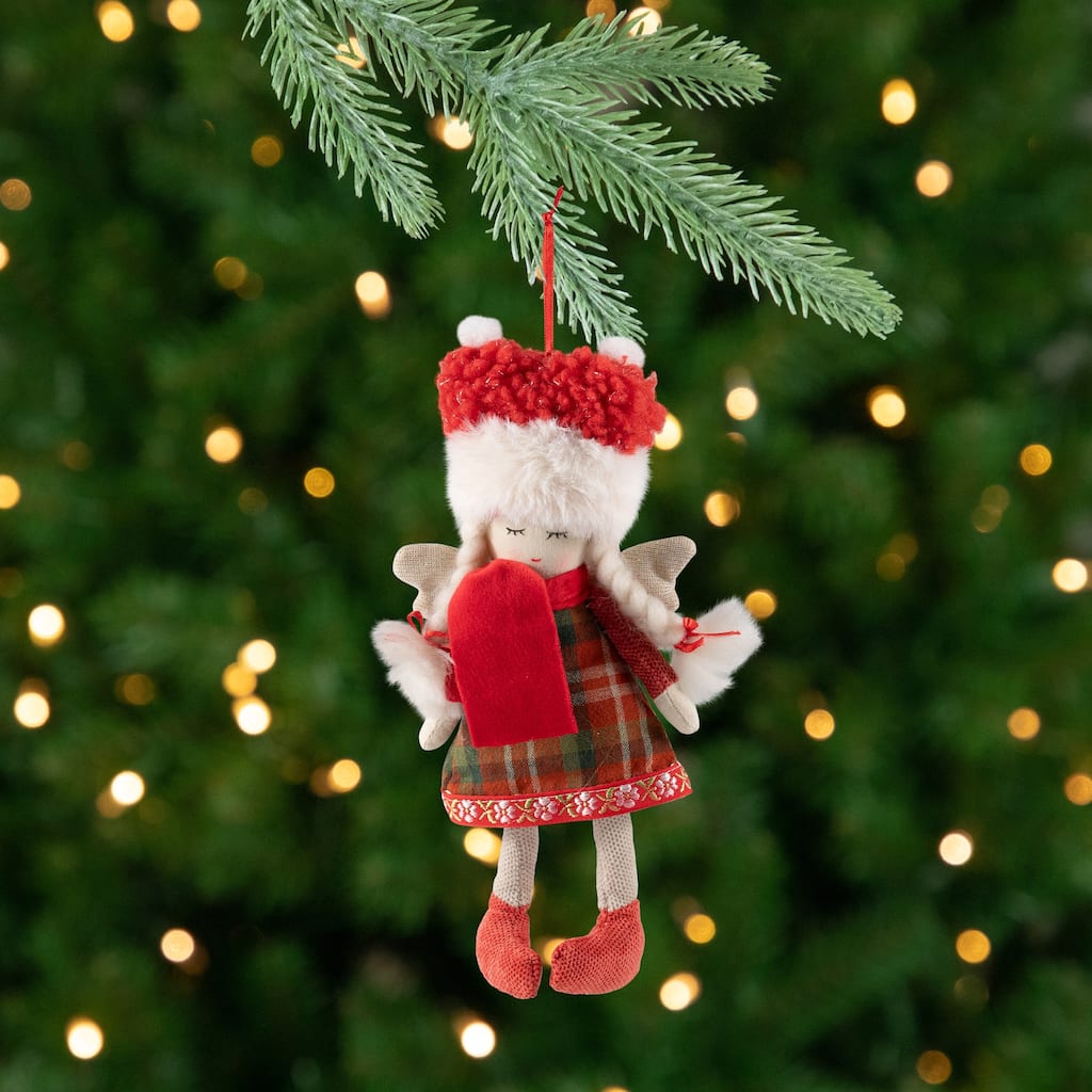 Plaid Angel Girl with Braided Pigtails Christmas Ornament - 8.5" - Red and Cream