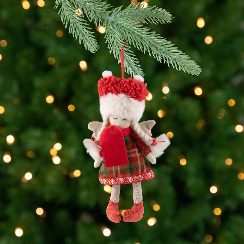 Plaid Angel Girl with Braided Pigtails Christmas Ornament - 8.5" - Red and Cream