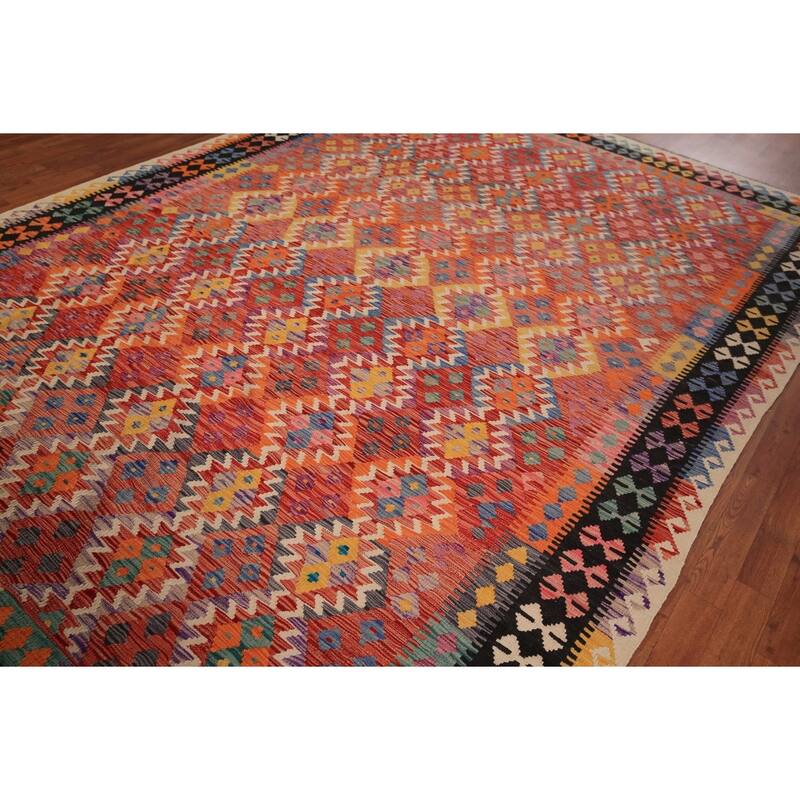 Orange Geometric Kilim Oriental Area Rug Flatweave Wool Carpet - 8'3" x 11'8"