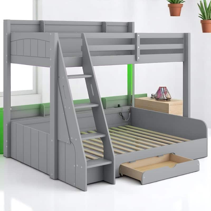 Twin Over Full Bunk Bed with Storage Shelves, LED Lights, Charging Station, and Drawer, kid bed,Storage bed