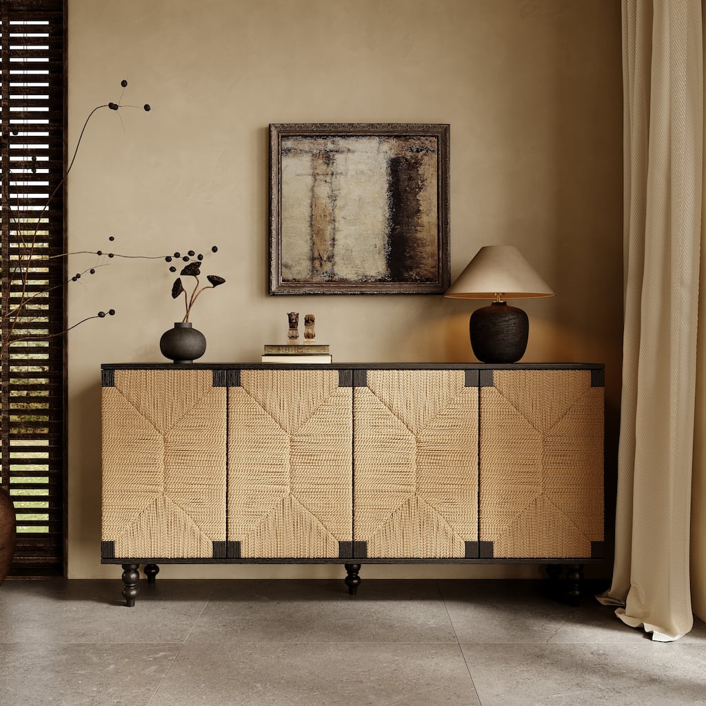 Accent Sideboard Buffet Cabinet with Wire-Brushed & Seagrass Doors, Wood TV Stand for Hallway & Dining