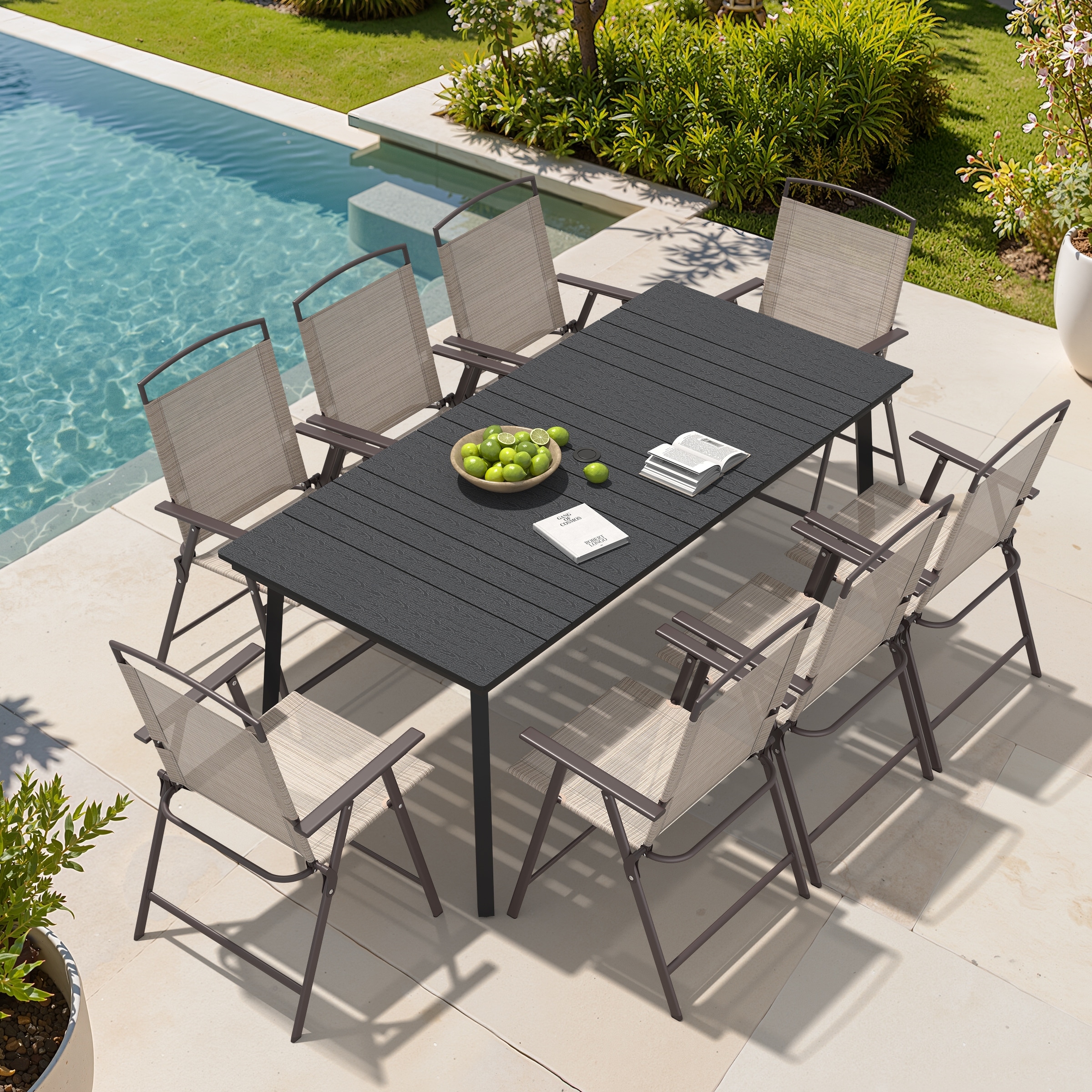 9-Piece Outdoor Dining Set Rectangle Patio Dining Table with Umbrella Hole and Folding Chairs