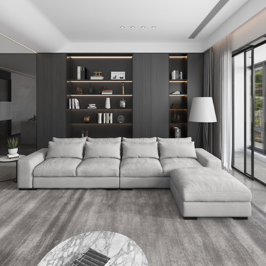 150 Wide L-Shape Linen Sofa Couch, Modern Feather Filled 5-Seat Sectional Sofa Couch with Ottoman