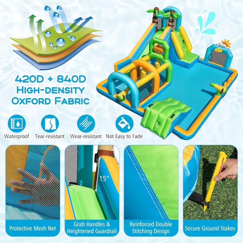 Large Outdoor Inflatable Water Park Slide with Climbing Ramp Basketball Hoop and Ring Toss for Kids