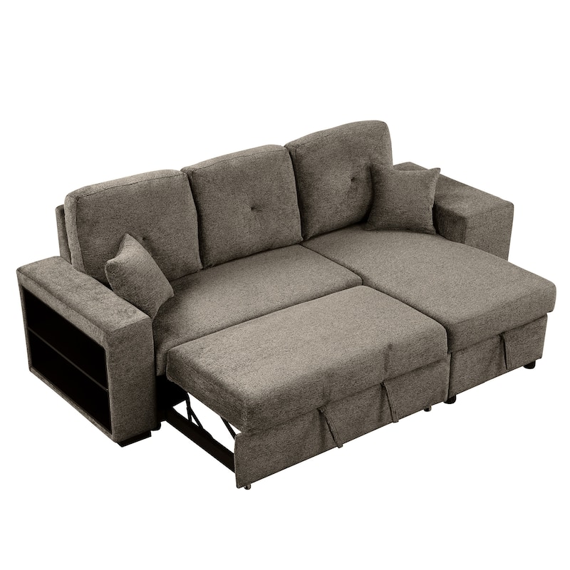 Brown 95'' Reversible L-Shaped 3-Seater Sleeper Sofa with Storage Chaise, Pull-Out Bed, Side Shelf, and 2 Stools Included