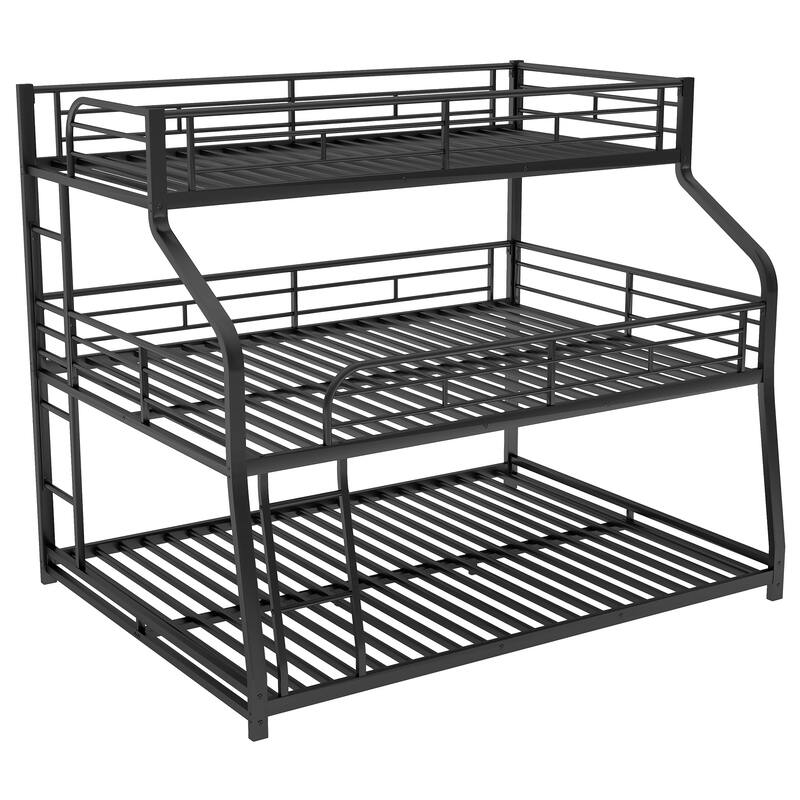 Twin XL Over Full XL Over Queen Triple Bunk Bed 3-tier Metal Bedframe with Long and Short Ladder and Full-Length Guardrails