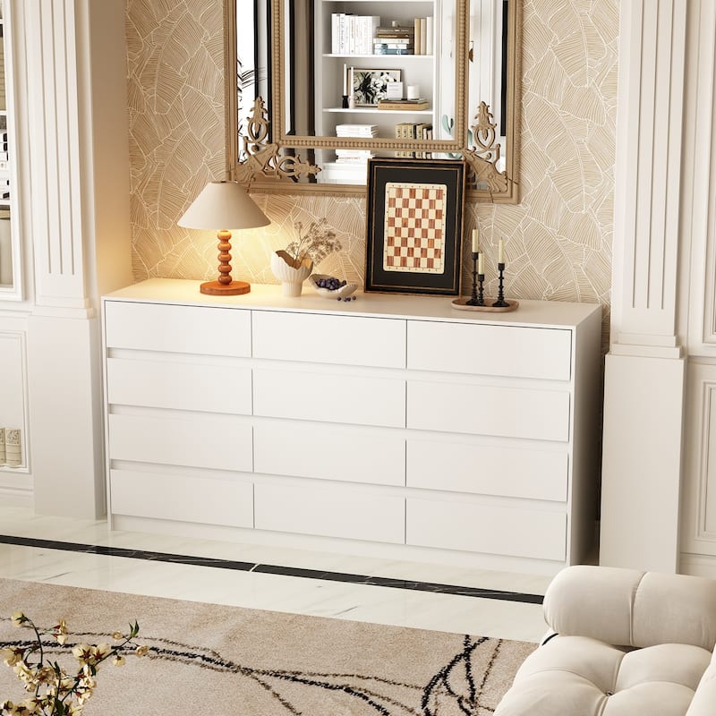Modern 12-Drawer Bedroom Dresser - Sleek Storage Chest, White or Black