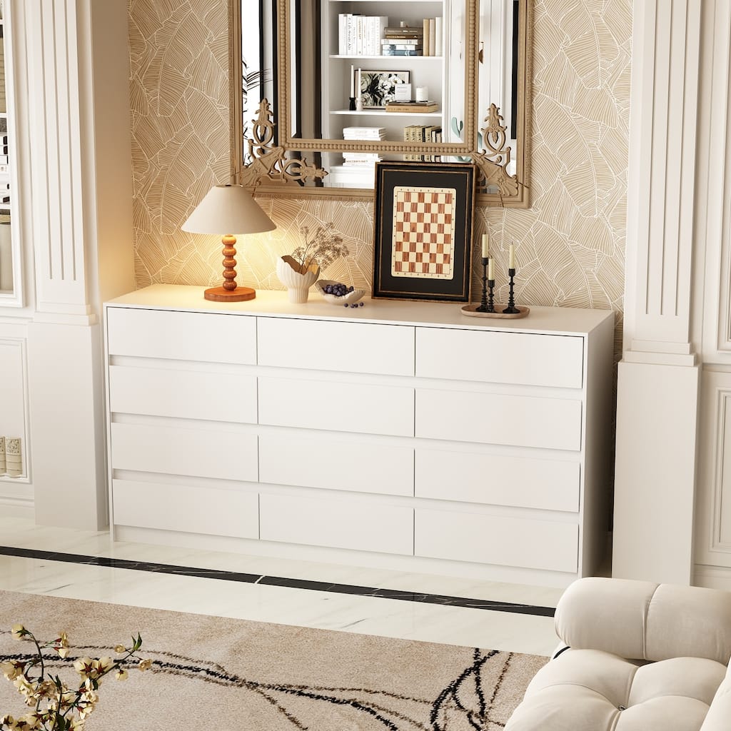 Modern 12-Drawer Bedroom Dresser - Sleek Storage Chest, White or Black