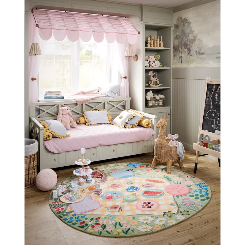 Momeni Playground Tea Party Kid Rug - 4' X 4' Round - Green