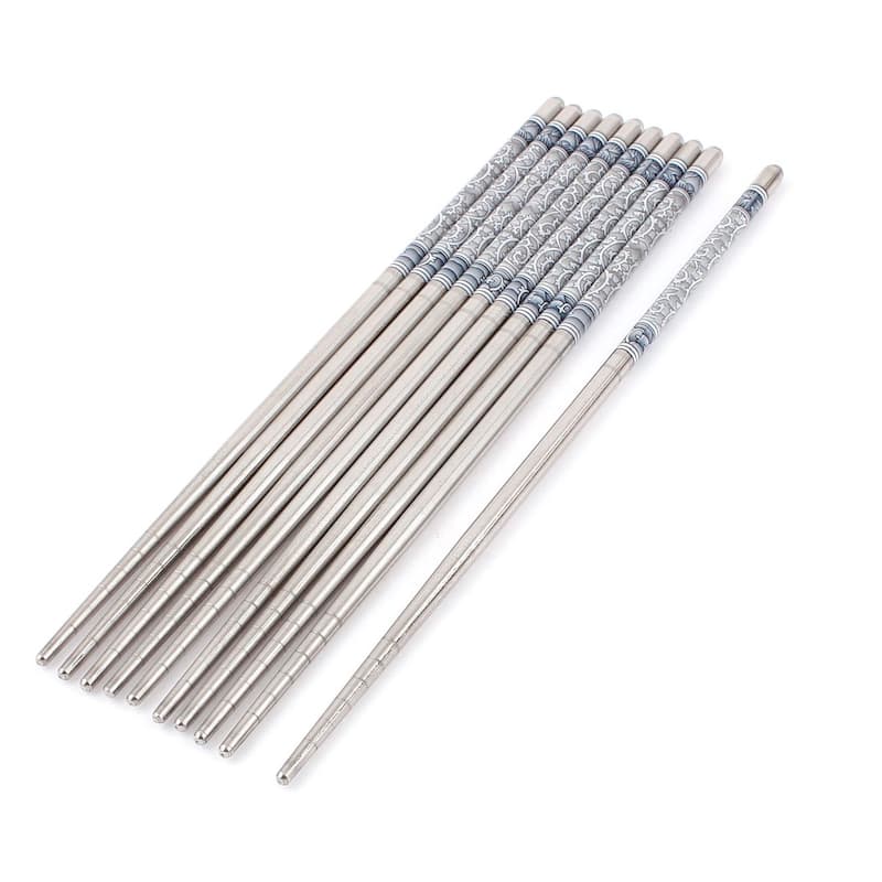 Tableware Family Dinner Stainless Steel Floral Pattern Chopsticks 5 Pairs - Silver Tone - Silver Tone