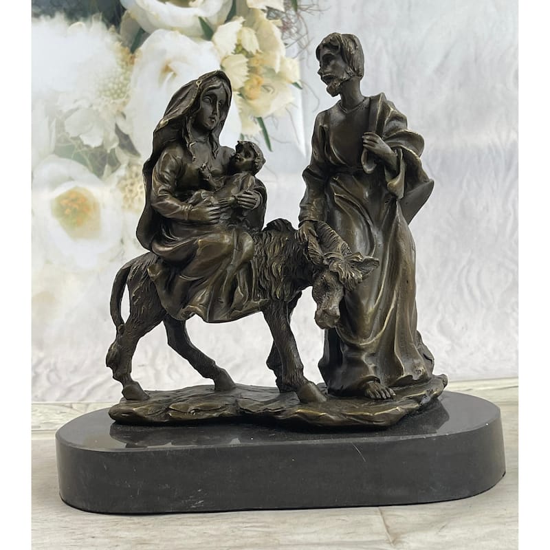 Original Signed Flight Into Egypt Biblical Event Holly Family Bronze Sculpture
