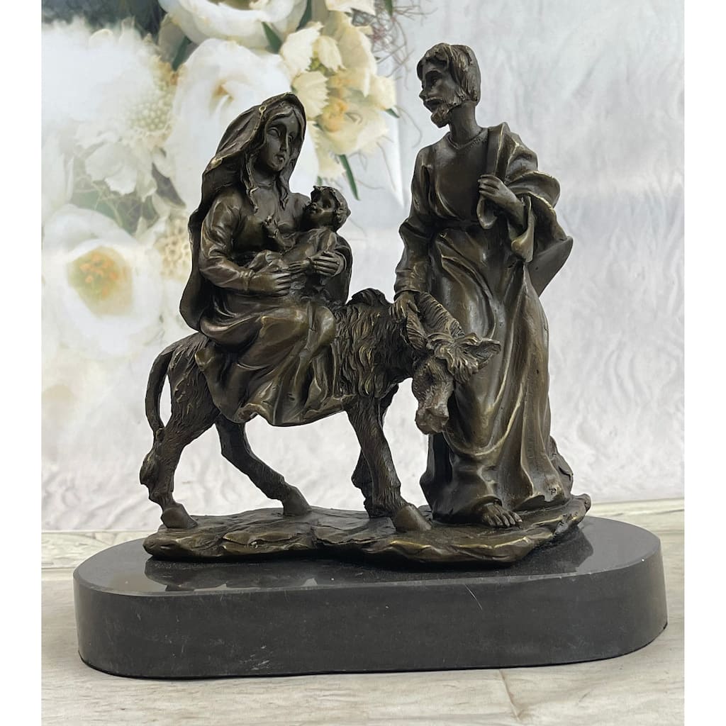 Original Signed Flight Into Egypt Biblical Event Holly Family Bronze Sculpture