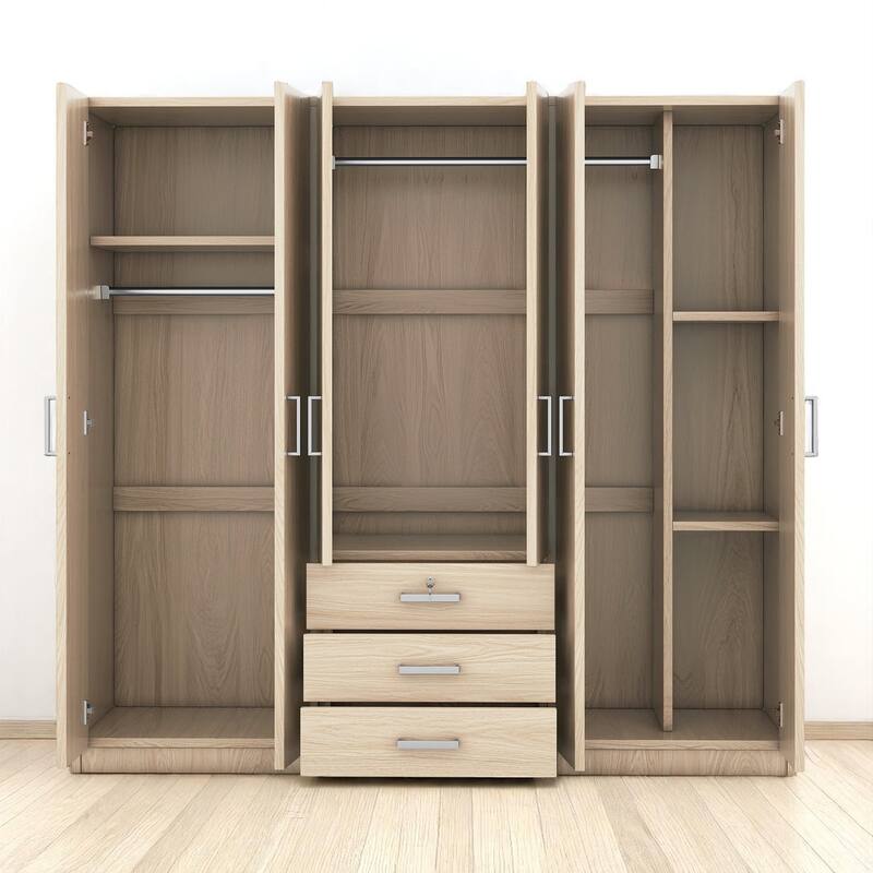 Modern 6-Door Wooden Wardrobe Armoire with Shelves, Drawers, and Locking Storage for Bedroom Use