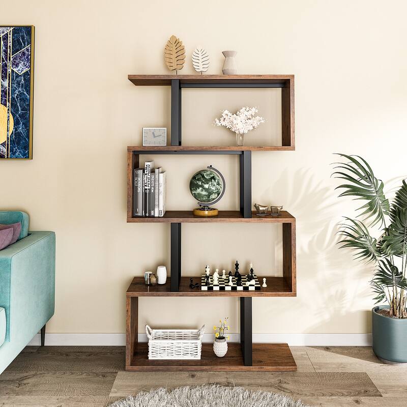 Hermoth Wood 5 Tiers Bookshelf S-Shaped Z-Shelf Style Bookcase Storage Display