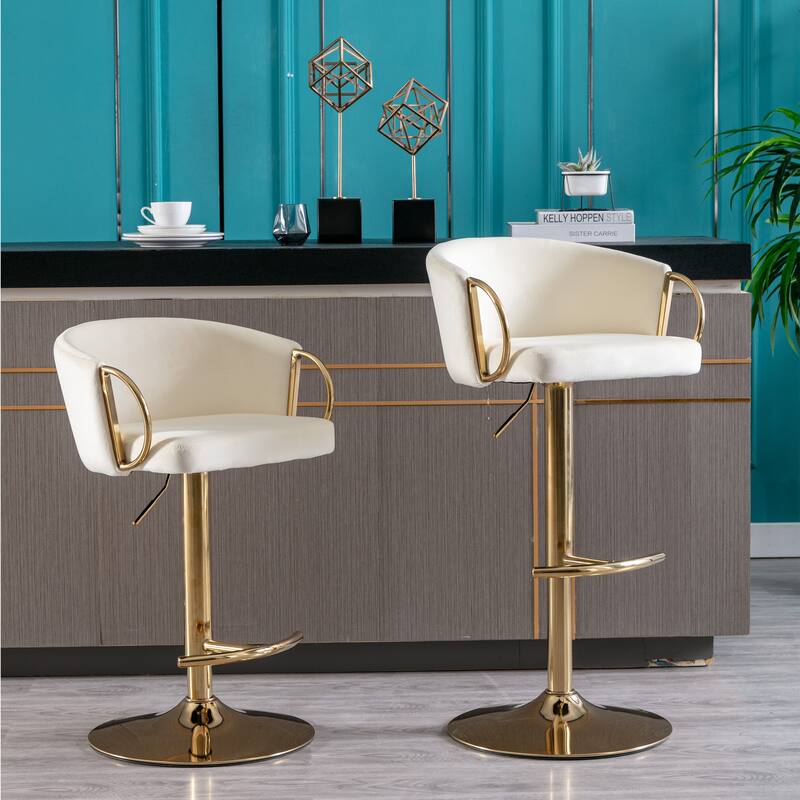 2 Velvet Bar Stools with Chrome Footrest and Base Swivel Height Adjustable - N/A