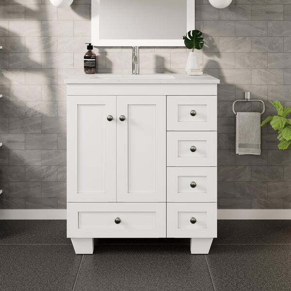 slide 2 of 28, Eviva Happy 28"W Bath Vanity with Carrara Quartz Top White