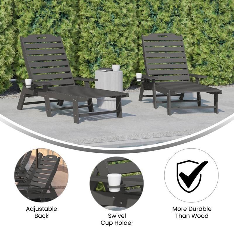Set of 2 Outdoor Adjustable Lounge Chairs with Cupholders