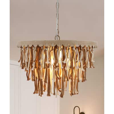 5-Light Boho Tassel Chandelier for Dining Room with Brown Finish