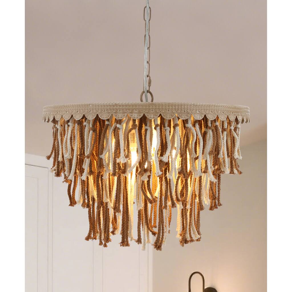 5-Light Boho Tassel Chandelier for Dining Room with Brown Finish