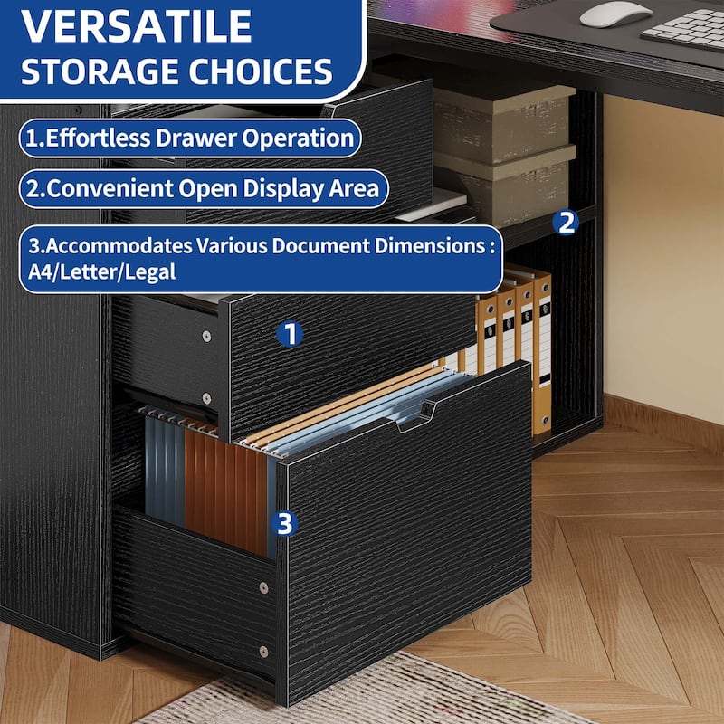 Moasis LED L-Shaped Desk with Drawers and Filing Cabinet, Home Corner Gaming Desk w/USB Ports