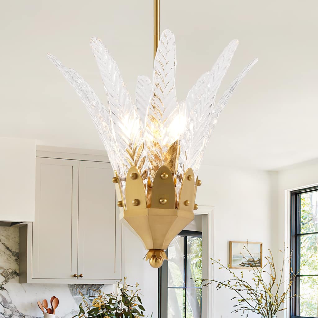 17" Modern Gold 3-Light Leaf Etched Glass Chandelier Hanging Light