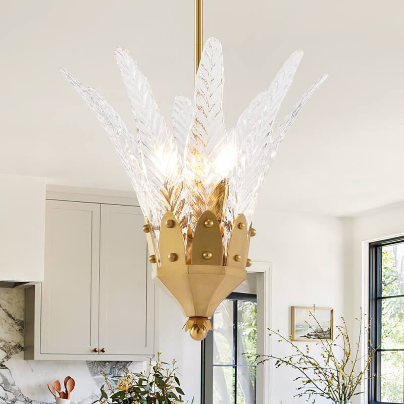 17" Modern Gold 3-Light Leaf Etched Glass Pendant Chandelier for Kitchen Island