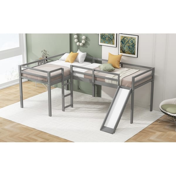 slide 2 of 14, Playful Design, L-Shaped Structure Wood Loft Bed with One Side Slide, Safety Guaranteed, Twin, Grey
