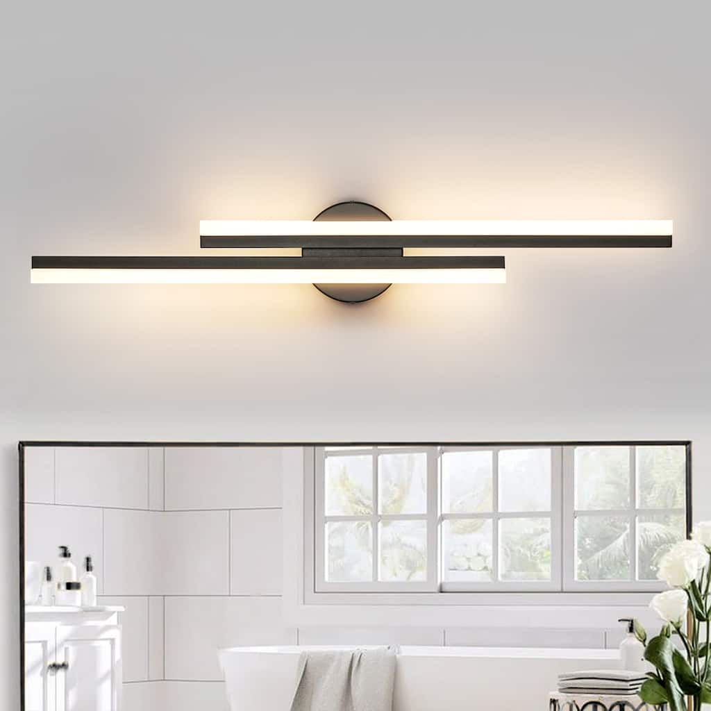32.28 in. 2-Light Modern Black Linear LED Vanity Light with Light Bars, Damp Rated for Bathroom