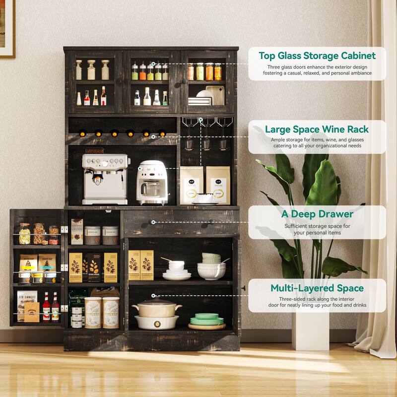 Moasis 71''H Kitchen Pantry Storage Cabinet with Power Outlet Tall Cabinet with Doors Shelves & Drawer Buffet Cabinet