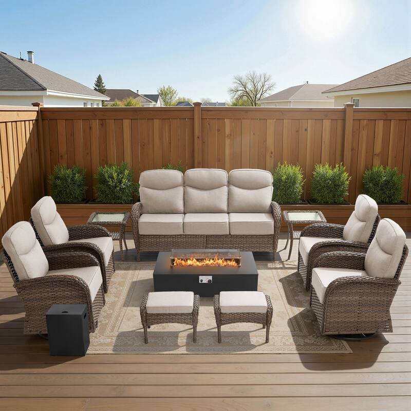 Luna 10-Piece Wicker Outdoor Patio Fire Pit Sofa Set with 6-Inch Thick Cushions