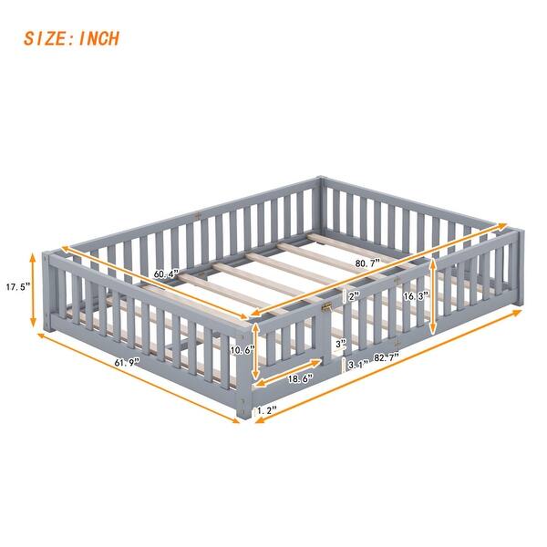 dimension image slide 2 of 11, Twin/Full/Queen Size Floor Bed with Door, Wood Montessori Bed for Kids