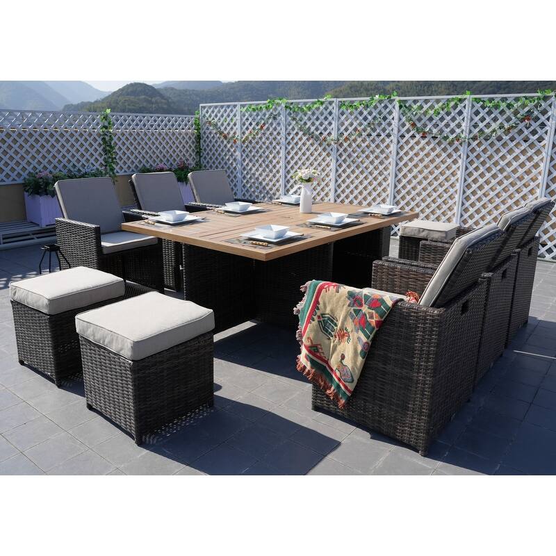 11-Piece Patio Wicker Aluminum Dining Table Set w/ Chairs and Ottomans