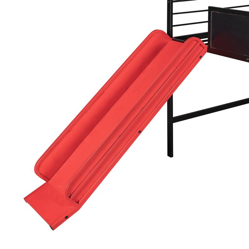 Metal House Bed With Slide, Twin Size Metal Loft Bed with Two-sided writable Wooden Board