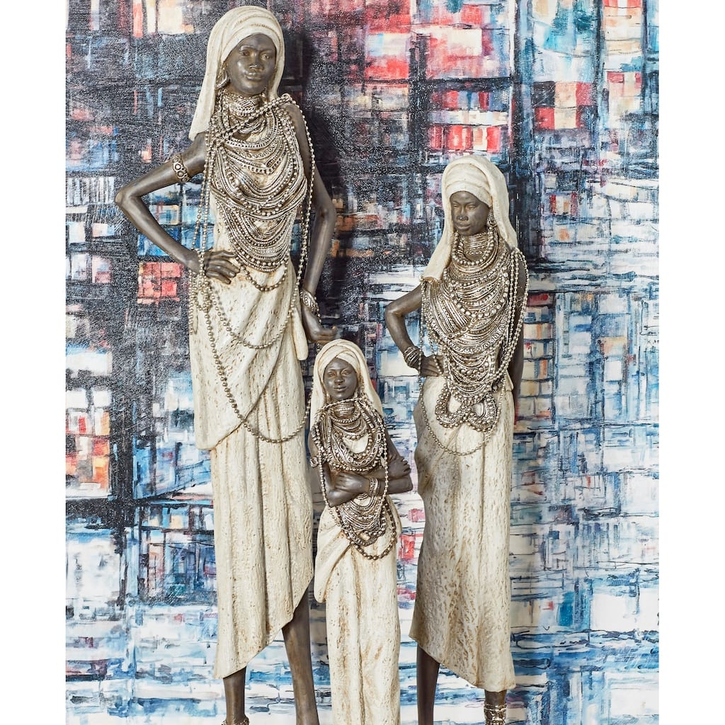 White Polystone Handmade Standing African Woman Decorative Sculpture with Intricate Jeweled Details (Set of 3)