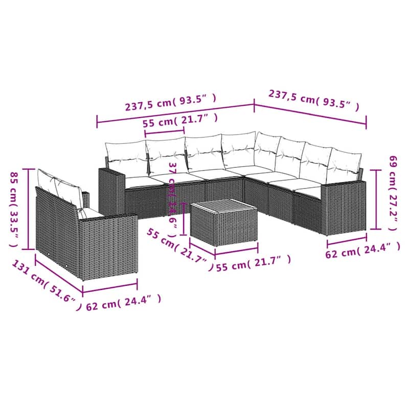 vidaXL Patio Sofa Set with Cushions Outdoor Furniture 10 Piece Poly Rattan - 25.8 x 24.4 x 27.2