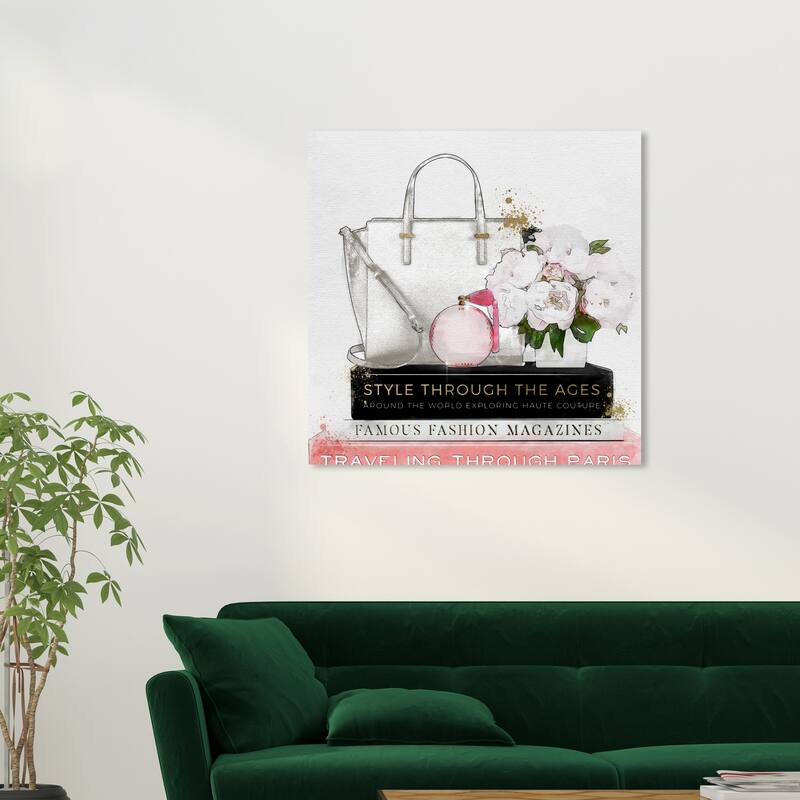 Wynwood Studio Fashion and Glam White Purse White Flowers and Essentials White and Glam Wall Art Canvas Print - 30 x 30