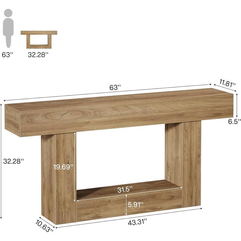 63" Long Console Table, Farmhouse 2-Tier Entryway Table with U-Shaped Base - 63" W x 11.8" D x 32.3" H